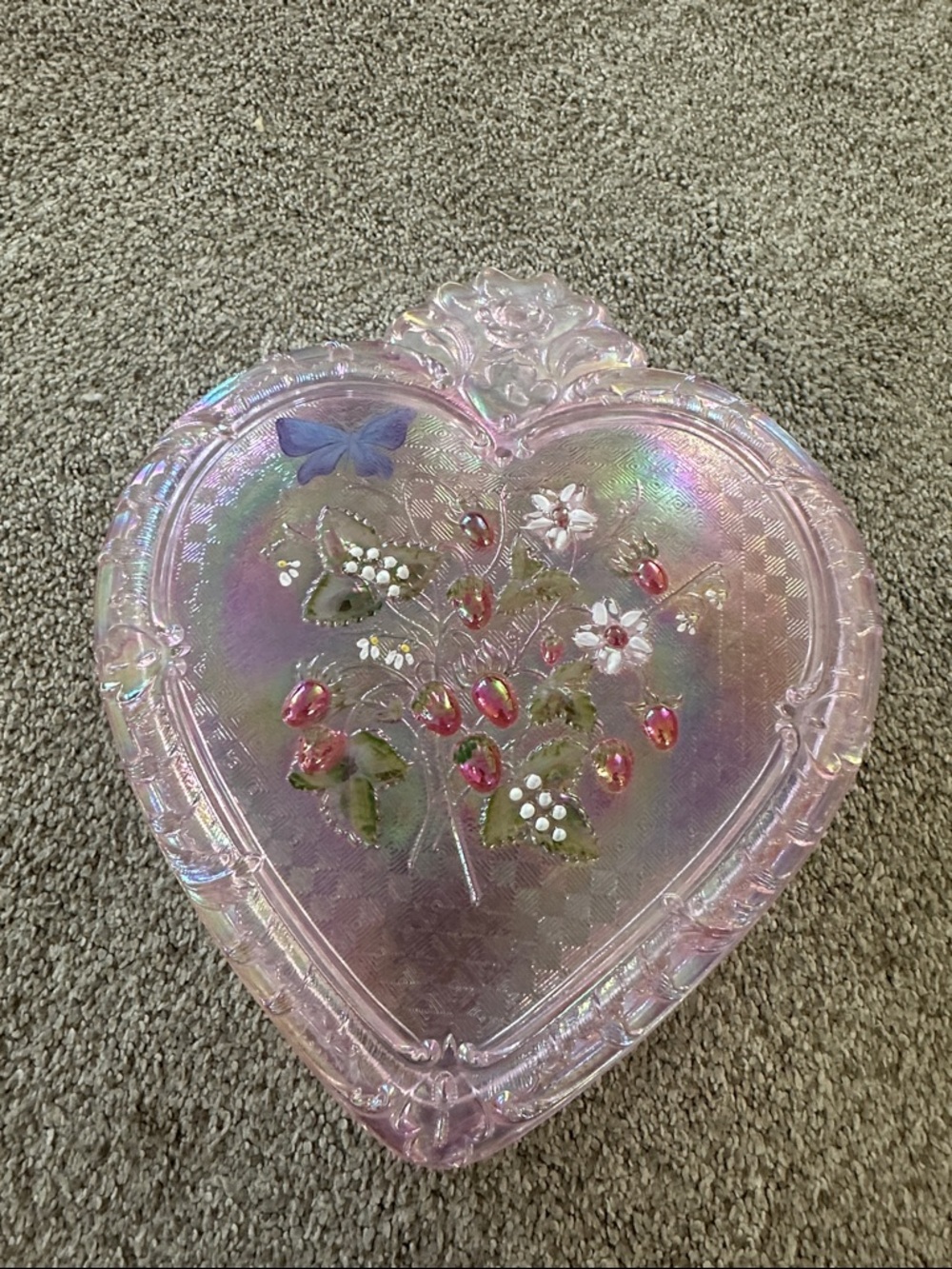 Fenton Pink Iridescent Heart Dish with Hand-Painted Floral Motif